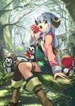  apple blue_hair bug butterfly eating food forest fruit green_eyes holding holding_food holding_fruit horns igarashi_youhei insect long_hair monkey nature original pointy_ears solo 