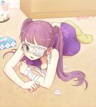  aqua_eyes arm_support bandages china_dress chinese_clothes dress eyepatch fang itsuki_(otsugei) long_hair lying on_side on_stomach open_mouth original pill purple_hair socks solo tissue_box twintails 