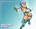  ass blue_hair blue_legwear boots breasts dagger dual_wielding high_heels holding irma knife looking_back medium_breasts nakamura_yukitoshi open_mouth panties pink_eyes queen's_blade shoes short_hair solo sword thighhighs underboob underwear weapon white_panties 