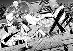  adapted_costume barefoot bow branch closed_eyes comic detached_sleeves dutch_angle full_moon gohei greyscale hair_bow hair_tubes hakurei_reimu hakurei_shrine long_hair monochrome moon oonusa ritual touhou tsurukame 