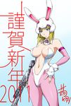  2011 animal_ears animal_helmet areolae bad_id bad_pixiv_id bare_shoulders blonde_hair breasts bunny_ears chinese_zodiac cleavage elbow_gloves fingerless_gloves gloves gun helmet konkitto large_breasts microphone new_year original pantyhose pink_legwear rifle solo weapon year_of_the_rabbit 