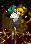  :d absurdres blonde_hair bow bucket glowing green_hair hair_bow highres in_bucket in_container kisume kurodani_yamame multiple_girls open_mouth petals pink_eyes short_hair silk smile spider_web susan touhou twintails wooden_bucket 