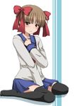  angel_beats! bad_id bad_pixiv_id black_legwear blush bow brown_eyes brown_hair crossdressing hair_bow hand_on_own_chest male_focus no_eyewear otoko_no_ko school_uniform serafuku short_hair simple_background sitting solo takeyama_(angel_beats!) thighhighs tottoto_tomekichi wariza 