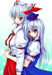  azusayumi_meme bad_id bad_pixiv_id blush fujiwara_no_mokou hug hug_from_behind kamishirasawa_keine looking_at_viewer multiple_girls smile touhou 