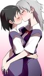  ass ass_grab blush brown_hair closed_eyes couple dokunari genderswap genderswap_(mtf) grabbing_another's_ass groping highres hug ikari_shinji kiss multiple_girls nagisa_kaworu neon_genesis_evangelion red_eyes school_uniform shin-chan silver_hair yuri 