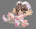  animal_ears blush_stickers brown_hair bunny_ears bunny_tail carrot carrot_necklace fang inaba_tewi japanese_clothes jewelry jumping necklace noya_makoto open_mouth orange_eyes outstretched_arms pants pendant short_hair simple_background smile solo spread_arms spread_legs tail touhou 