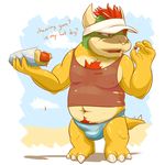  barefoot bowser clothing confusion dialogue english_text food front_view holding_food holding_object hollo_nut hot_dog koopa mario_bros midriff navel nintendo nipple_bulge open_mouth overweight_male pecs pubes scalie shell-less shirt solo speedo standing sweat swimsuit tank_top text video_games visor 