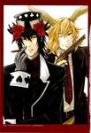  2boys animal_ears artist_request belt black_hair blonde_hair blood_dupre blue_eyes bunny_ears card cigar clover club_(shape) diamond_(shape) ears elliot_march feathers flower formal gloves gun handgun hat heart heart_no_kuni_no_alice highres multiple_boys necktie one_eye_closed pistol playing_card_theme purple_eyes red_flower red_rose rose scan smoking spade_(shape) suit wavy_hair weapon 