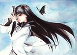  akemi_homura black_eyes black_hair bug butterfly colored_pencil_(medium) cz-75 floating_hair gun hairband handgun insect itaya_tatsumi lips long_hair magical_girl mahou_shoujo_madoka_magica pistol solo traditional_media upper_body weapon 