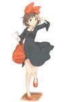  bag black_dress bow brown_eyes brown_hair dress duffel_bag error hair_bow kiki letter looking_afar looking_to_the_side majo_no_takkyuubin no_socks open_mouth red_bow red_footwear shading_eyes shoes short_hair solo standing white_background zukaketawagase 