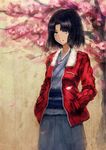  bad_id bad_pixiv_id black_hair cherry_blossoms hands_in_pockets jacket kara_no_kyoukai petals qin red_jacket ryougi_shiki short_hair smile solo zipper 