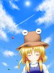  balloon blonde_hair blue_sky closed_eyes cloud condensation_trail day hair_ribbon leaf moriya_suwako osashin_(osada) ribbon shirt sky smile solo sun touhou turtleneck upper_body white_shirt 