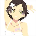  arm_up armpits brown_eyes brown_hair extra freckles hair_ornament k-on! lowres mizuki_makoto oota_ushio short_hair solo tattoo v 