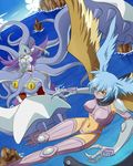  arai_nobu armor bad_id bad_pixiv_id blue_eyes blue_hair bracelet calmaramon digimon digimon_frontier extra_eyes flying head_wings jewelry legs long_hair long_legs mask midriff monster_girl multiple_girls navel outstretched_arm pointy_ears purple_hair red_eyes short_hair shutumon tentacles thighhighs thighs water wings 