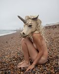  beach breasts equine female head nude photo real seaside side_boob solo unicorn 