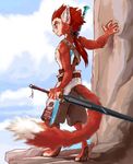  cliff clothing fluffy_tail green_eyes hair long_hair male outside red_fox scar sky solo sword torn_clothing unknown unknown_artist weapon 