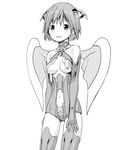  bad_id bad_pixiv_id bare_shoulders breasts gloves greyscale medium_breasts monochrome navel original simple_background solo thighhighs tougetsu_gou underboob wings 