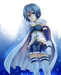  belt blue_eyes blue_hair blush buckle cape from_below gloves kubyou_azami magical_girl mahou_shoujo_madoka_magica miki_sayaka sad short_hair solo tears thighhighs zettai_ryouiki 