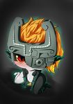  1girl amau_(artist) amau_(kosmos) belly_button blush breasts chibi embarrassed glowing helmet imp imp_midna looking_at_viewer midna monster_girl navel orange_hair peeing pointy_ears pussy red_eyes runes shiny simple_background solo the_legend_of_zelda the_legend_of_zelda:_twilight_princess twilight_princess urinating urination 