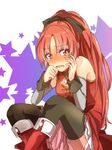  bad_id bad_pixiv_id bare_shoulders black_legwear blush boots long_hair magical_girl mahou_shoujo_madoka_magica ponytail red_eyes red_hair sakura_kyouko solo tamaichi tears thighhighs wavy_mouth 