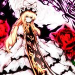  acryl blonde_hair dress eyes flower hat hat_ribbon highres long_hair ribbon solo tabard touhou yakumo_yukari yellow_eyes 