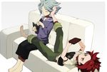  annoyed bad_id bad_pixiv_id banned_artist barefoot book closed_eyes couch feet foot_on_head handheld_game_console harano inazuma_eleven inazuma_eleven_(series) multiple_boys nagumo_haruya nintendo_ds reading red_hair short_hair suzuno_fuusuke white_hair yellow_eyes 