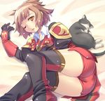  ass bed brown_eyes brown_hair cat final_fantasy final_fantasy_xi gloves hume katy_(artist) legs lying red_mage short_hair shorts shoulder_pads sleepy solo thighhighs 