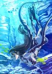  ass black_hair blue blue_skin bodypaint breasts diving facial_mark fins fish large_breasts long_hair monster_girl nude original pink_eyes ponytail profile ran'ou_(tamago_no_kimi) solo tail underwater very_long_hair water 