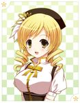  bad_id bad_pixiv_id beret blonde_hair checkered checkered_background drill_hair hair_ornament hat kuroe_(sugarberry) long_hair magical_girl mahou_shoujo_madoka_magica open_mouth puffy_sleeves ribbon smile solo tomoe_mami twin_drills twintails yellow_eyes 