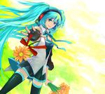  aqua_eyes aqua_hair bad_id bad_pixiv_id bouquet daisy fingerless_gloves flower gloves hatsune_miku headphones long_hair naka_53 skirt solo thighhighs twintails very_long_hair vocaloid 