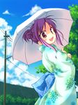  alternate_costume alternate_hairstyle blush cloud day hair_bun hiiragi_kagami japanese_clothes kimono lucky_star open_mouth purple_eyes purple_hair saotome_ryuuichi sky solo umbrella yukata 