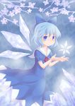  blue_dress blue_eyes blue_hair bow cherry_blossoms cirno dress futaki_nia hair_bow ice open_hands sailor_dress snowflakes solo staring touhou wings 