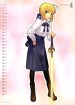  absurdres ahoge artoria_pendragon_(all) black_legwear blonde_hair boots braid calendar_(medium) excalibur fate/stay_night fate_(series) glowing glowing_sword glowing_weapon green_eyes hair_bun hair_ribbon highres long_sleeves pantyhose ribbon saber solo sword takeuchi_takashi weapon 