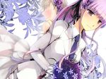  1girl arika_(sui_menka) bad_id bad_pixiv_id blush bouquet braid crossdressing danganronpa danganronpa_1 dress dutch_angle flower formal hair_flower hair_ornament kirigiri_kyouko naegi_makoto necktie purple_eyes purple_hair single_braid suit 