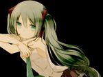  green_eyes green_hair hatsune_miku highres long_hair necktie simple_background solo syutyou twintails very_long_hair vocaloid 