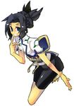  arc_system_works bike_shorts black_hair blazblue breasts china_dress chinadress chinese_clothes dress female full_body green_eyes grin hair_bun linhua noran short_hair shorts simple_background smile solo white_background 