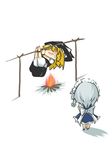  bad_id bad_pixiv_id black_dress blonde_hair bloomers blue_dress bound braid campfire chibi commentary dress fire goma_(gomasamune) hat izayoi_sakuya kirisame_marisa maid multiple_girls roasting rotisserie silver_hair tied_up touhou underwear witch_hat 