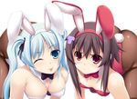  all_fours animal_ears blue_eyes blue_hair brown_hair bunny_ears bunnysuit fujirin highres long_hair multiple_girls one_eye_closed pantyhose red_eyes tomokazu_sugita_no_anigera_deduuun tongue twintails 