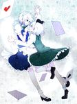  blue_eyes blush bobby_socks braid card falling_card ghost hairband heart_card holding_hands interlocked_fingers izayoi_sakuya konpaku_youmu konpaku_youmu_(ghost) lying_card maid maid_headdress mary_janes multiple_girls nagihara_rion playing_card purple_card shoes short_hair silver_hair socks touhou twin_braids vest white_hair white_legwear wrist_cuffs 