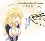  antenna_hair blonde_hair breasts chopsticks cleavage closed_eyes fang feeding jacket jewelry large_breasts long_hair necklace no_bra okitakung open_mouth original panties solo_focus striped striped_panties thai track_jacket translated underwear unzipped zipper 