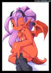  clubstripes dragon drybone female nude one_eye_closed purple_hair pussy red_eyes scalie socks solo wings 