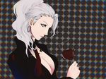  alcohol bad_id bad_pixiv_id breasts chou_shittou_caduceus chromatic_aberration cleavage drink earrings glass grey_eyes hoop_earrings hospital_rokunin_no_ishi jewelry large_breasts mira_kimishima moriririnn ponytail silver_hair solo wine 