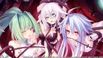  arms_up bdsm black_heart blue_eyes blue_hair bondage bound breasts choujigen_game_neptune_mk2 green_hair green_heart medium_breasts multiple_girls neptune_(series) official_art ponytail purple_eyes red_eyes symbol-shaped_pupils tentacles tsunako white_hair white_heart 