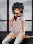  aikawa_kizuna black_hair blue_eyes blush hair_ornament half_updo highres maisaki male_focus open_mouth otoko_no_ko prunus_girl rain see-through short_hair sitting solo thighhighs wet wet_clothes white_legwear 