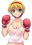  aqua_eyes blonde_hair boxing_gloves breasts cleavage collarbone grin hairband inverted_nipples large_breasts navel nipples no_bra onizuka_takuto original see-through shirt short_hair simple_background smile solo tank_top taut_clothes taut_shirt 