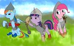 armor arrow blue_eyes blue_fur bow_(weapon) clothed clothing equine female feral friendship_is_magic funny_shoes fur grass group hair helmet horn horse mace mammal multi-colored_hair my_little_pony pegasus pink_fur pink_hair pinkie_pie_(mlp) pony purple_eyes rainbow_dash_(mlp) rainbow_hair rainbow_tail ranged_weapon sword twilight_sparkle_(mlp) unicorn unknown_artist weapon wings 