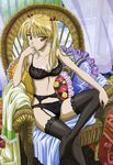  absurdres areolae blonde_hair bra breasts chair cleavage crossed_legs garter_belt highres lace lace-trimmed_thighhighs lace_bra large_breasts legs lingerie panties pillow ribbon sawachika_eri school_rumble sitting solo thighhighs thighs third-party_edit twintails underwear 