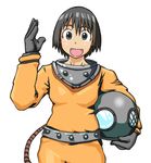  ayase_fuuka belt black_hair bob_cut diving_helmet diving_suit eyebrows gloves helmet open_mouth short_hair simple_background smile solo standing thick_eyebrows white_background yotsubato! zei-minarai 