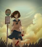  absurdres bad_id bad_pixiv_id closed_eyes highres original school_uniform serafuku short_hair sky solo standing sunset wakuraba 