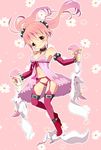  alternate_costume armband babydoll bad_id bad_pixiv_id bare_shoulders belt choker clone detached_sleeves ear_grab flower garter_belt kaname_madoka kyubey mahou_shoujo_madoka_magica navel no_nose pink_eyes pink_hair sasoribi-dekine smile stepped_on thighhighs twintails wristband 